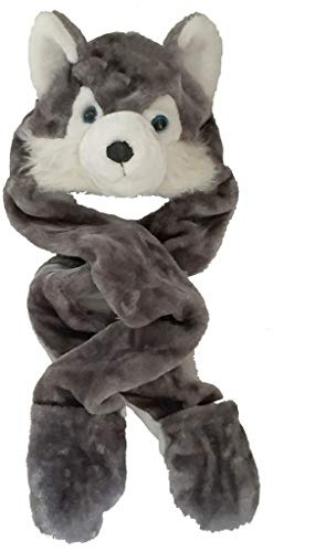 Kids Boys/Girls Childrens Animal Faux Fur Head Trapper Hat Hood Scarf Snood Gloves See Listing For Options One Size (Wolf/Husky.)