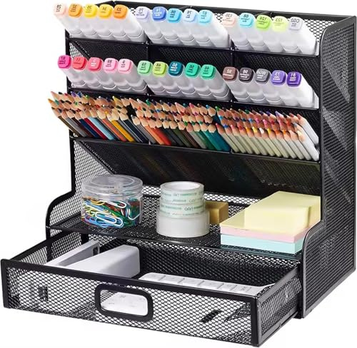 Vikmyer Mesh Desk Organizer Multi-Functional Desktop Stationery Pen Holder Box for Home Office School Supply Storage Rack Black Drawer