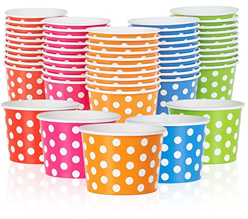 MATICAN Paper Ice Cream Cups - 50-Count 4-Oz Disposable Dessert Bowls for Hot or Cold Food, 4-Ounce Party Supplies Treat Cups for Sundae, Frozen Yogurt, Soup, 5 Colors, Polka Dots