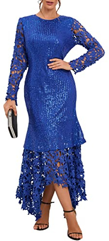 IWFEV Robe longue asymétrique à paillettes pour femme - Longueur au sol - Robe de soirée, bleu, XXL