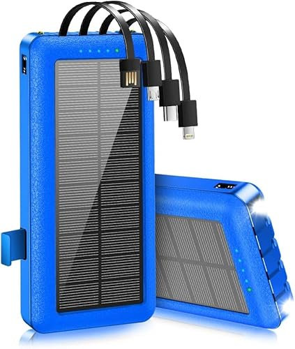 Portable Charger with Built in Cables Solar Power Bank 26800mAh Fast Charging with Phone Holder LED Flashlights External Battery Pack for iPhone Samsung