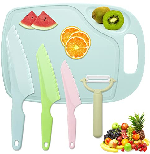 FACATH Plastic Fruit Knife Set with Cutting Board & Peeler: 5-Piece Safe Nylon Food-Grade Kitchen Kit for Safe Fruit & Veg Prep, Serrated Edges Lettuce Knife for Fruit, Bread, Cake, Salad