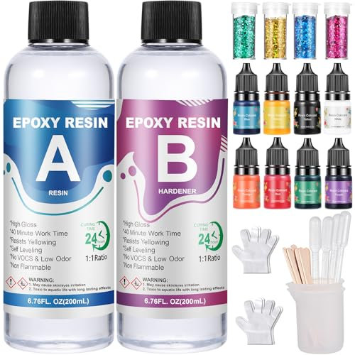 OFCIIN Resine Epoxy Transparente Kit 400ml, Kit Résine Epoxy Avec Colorant, Paillette, 1: 1 Ratio Revêtement en Résine Coulée Cristalline, Pour Bois, Fabrication de Bijoux, Décoration Artisanale