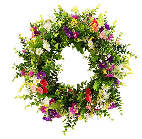 WACAR Door Wreaths, Spring Summer All Seasons Wreath, Artificial Flowers Green Leaves Wreaths for Front Door Outdoor Window Wall Garden Wedding Festival Party Home Decoration