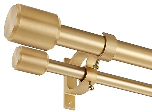Warm Gold Double Curtain Rods, Double Drapery Rod 36-72 Inch, Decorative Curtain Rod with Cap Finials, 1 Inch Front and 5/8 Inch Diameter Back Dual Curtain Rod Adjustable Double Window Rods Warm Gold