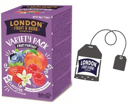 London Fruit® | Sortiment an Aufgüssen 4 Geschmacksrichtungen | Himbeer-, Pfirsich-, Erdbeer- und Vanille-, Blaubeer-Kräutertee | Früchtetees ohne Koffein – 4 x 5 Beutel (40 g)