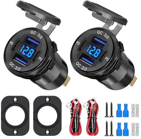 Linkstyle Presa di Corrente USB per Auto, Doppia Presa di Corrente PD Tipo C e QC3.0 con Voltmetro a LED per Auto -2PCS
