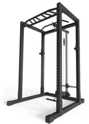 ATLETICA R7-Base Plate Power Rack | Storlek: 220 cm | Power Rack med Lat Pulldown/Roddstation, Multi-Grip Pull-Up Bar & J-Krokar | 128 kg Egenvikt | Modulärt utbyggbar