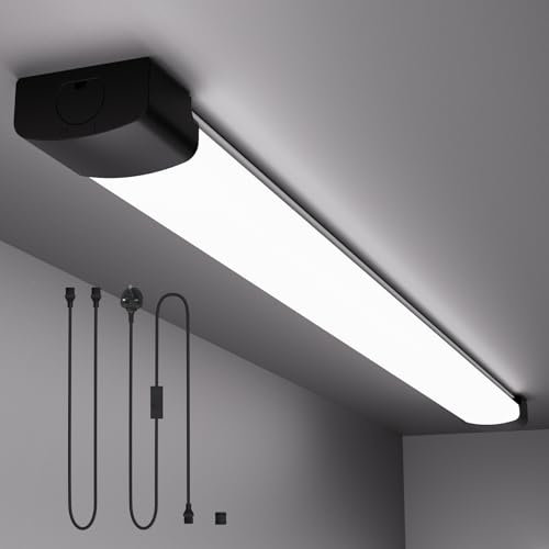 Amdelne 6000k Led Batten Light, 1.4FT, 16W Plug in Ceiling Light Led, IP65 Workshop Lighting for Garage, Office, Bedroom, Living Room,Wall, Kitchen, Shed, Outdoor（Black ）
