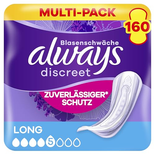 Always Discreet Inkontinenz-Einlagen Long Monatspaket bei Blasenschwäche, 160 Einlagen (Sparpackung 8 Packungen x 20 Stück)
