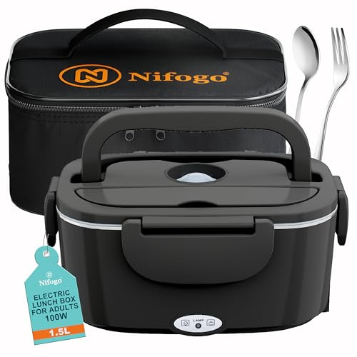 Nifogo Scaldavivande Elettrico 100W Lunch Box Elettrica 3 in 1 Contenitore Portavivande 1,5L l'ufficio, casa, Auto, Camion 12V 24V e 230V con Grigio Borsa isolante e Set di Posate(Nero)