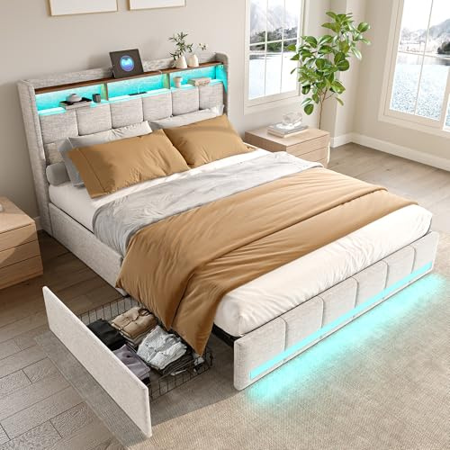 Lit Double rembourré 160x200 cm avec LED et USB - Cadre de lit Moderne avec tête de lit, sommier à Lattes, 4 tiroirs de Rangement - Parfait pour Adultes et Adolescents - Lin Beige (sans Matelas)