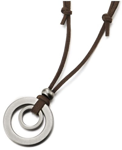 COOLSTEELANDBEYOND Collier Cordon Cuir pour Homme ou Femme avec Pendentif Anneaux Doubles, Style Surfeur Bohème Vintage Réglable
