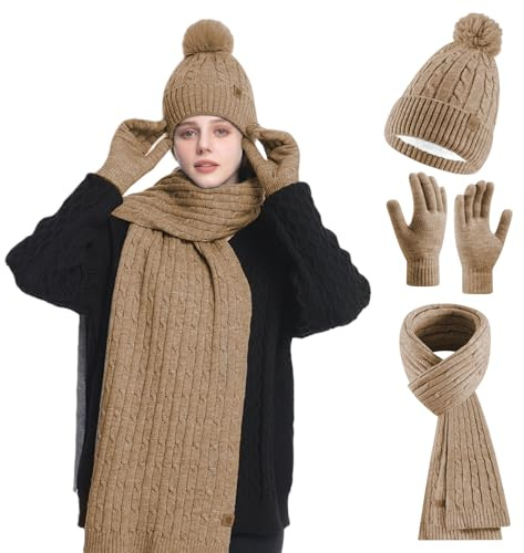 HOSPAOP Set di cappello, sciarpa e guanti per donna 3 in 1 - Berretto invernale da donna con pompon, sciarpa invernale, guanti touchscreen, set termico per l'outdoor e la vita quotidiana, cachi