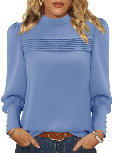 KISSMODA Womens Puff Long Sleeve Mock Neck Blouses Pleated Front Shirts Basic Trendy Dressy Tunic Tops Solid Color Fall Outfits with Button Cuff Light Blue