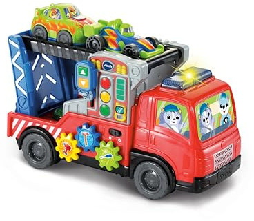 VTech-Baby Tráiler portacoches Carga y Descarga, Juguete de Arrastre, 2 Modos de Juego, Botones interactivos, Juguete para bebés +12 Meses, Versión ESP