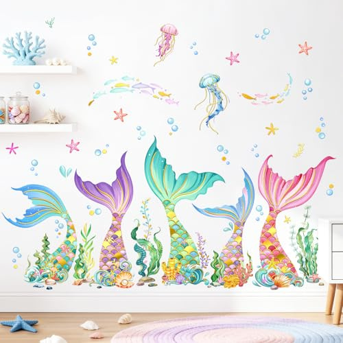 Mermaid Tail Wall Stickers Under The Sea Ocean Wall Art Decals | for Baby Nursery Girls Bedroom Bathroom Décor