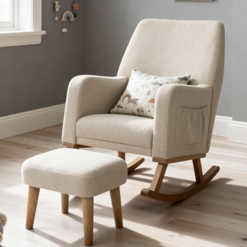 Babymore Callie Nursing Chair with Footstool - Rocking Chair for Nursery | Breast Feeding Chair with Gentle Rocking Motion, High Back with Firm Cushion, Storage Pockets, Solid Hardwood Legs, (Oatmeal)