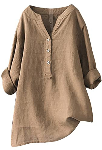 Generisch Blusa de lino para mujer, verano, algodón, camisa de lino, manga corta, cuello de pico, blusa, túnica, holgada, transpirable, monocolor, A34