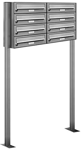 AL Briefkastensysteme 8er V2A Edelstahl Stand Briefkasten rostfrei als 8 Fach Briefkastenanlage Freistehend DIN A4 in Postkasten Design modern