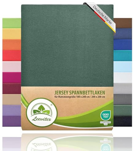 leevitex® Spannbettlaken 180x200cm - 200x200cm | Spannbetttuch Bettlaken | 100% Jersey Baumwolle | Matratzenhöhe bis 25 cm | Ökotex | Dunkelgrün
