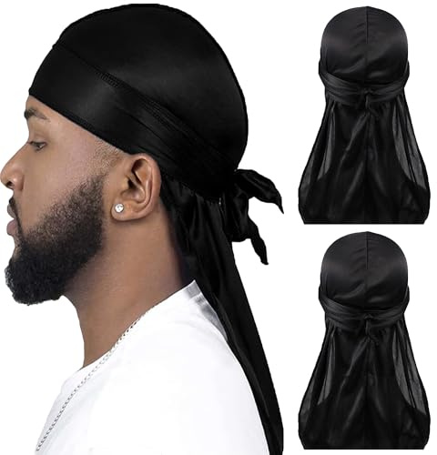 CINY Durag de Seda Satinado para Hombres y Mujeres, Gorro de Onda Sedoso Bandanas Piratas, Pañuelos de Cabeza de Satén Turbante para el Cabello con Cola Extra Larga y Correas Anchas（2 Negro）