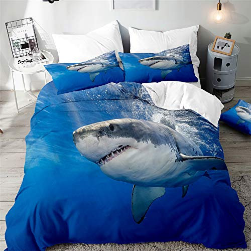 Morbuy 3D Hai Drucken Bettbezug Bettwäsche Set - Erwachsene Kinder Bettwäsche-Set, Mikrofaser Weiche Bettbezug mit Reißverschluss und Kissenbezüge (135x200cm,Weißer Hai)