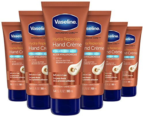 Vaseline Intensive Care Hand Crème Moisturizer for Dry Hands Hydra Replenish Made with hyaluronic acid, vitamin B3, and cocoa butter 3.4 oz 6 Count
