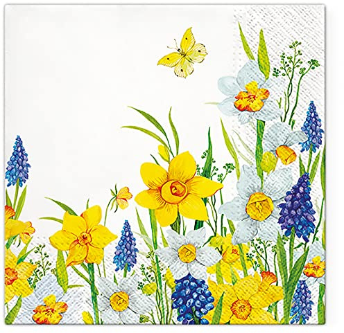 Tete a Tete 3Ply Pastel Flowery Tissue Paper Napkins Decoupage Serviettes 33cm x 33cm - Pack of 20 (Spring Daffodills)
