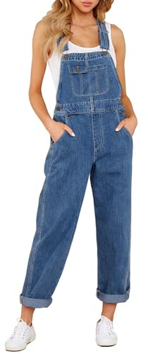 Roskiky Salopette en jean pour femme, élastique, droite, en denim, coupe normale, avec bretelles réglables, bleu, XXL