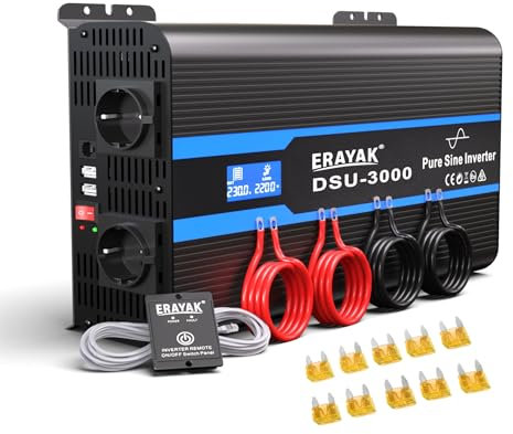 Erayak Reiner Sinus Wechselrichter 12V auf 220V 230V 3000W/6000 W Spannungswandler DC AC Inverter Stromwandler mit Fernbedienung und LED-Anzeige für Fahrzeuge Kfz Solar Auto Wohnmobil Haushaltsgeräten
