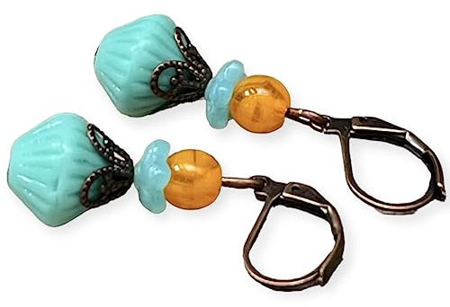 Vintage Ohrringe mit böhmischen Glasperlen - türkis, orange & kupfer