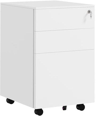 Vinsetto Rollcontainer Aktenschrank mit 3 Schubladen, Büroschrank mit Schloss, Druckschrank, Unterschrank mit Hängeregistratur, Bürocontainer im A4-Format, Stahl, 37 x 43,5 x 60 cm, Weiß