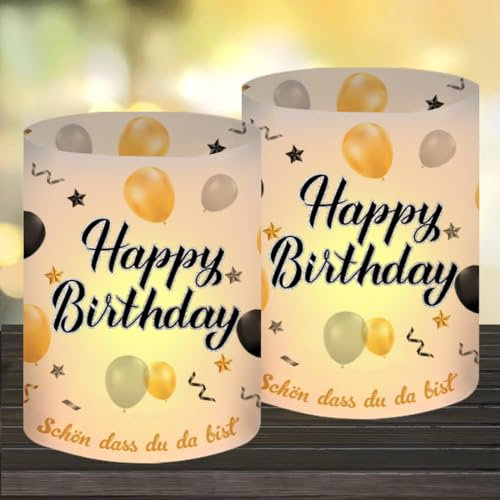 12 Windlicht Tischdeko Geburtstag, Happy Birthday Windlicht Tischdeko, Geburtstagsdeko Frauen Männer Mädchen Jungen, Geeignet für Teelichter oder Kerzen mit Schön DASS Du Da Bist und Eukalyptus