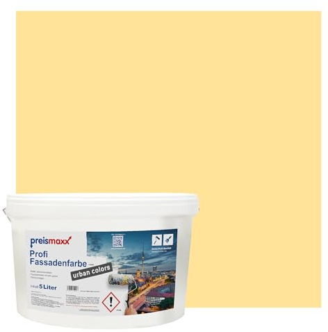 Preismaxx Profi Fassadenfarbe urban colors, bunte Außenfarbe, gelb, sonnengelb, sunlight 5L, matte, wasserabweisende Aussen-Dispersion, hohe Wasserdampfdurchlässigkeit