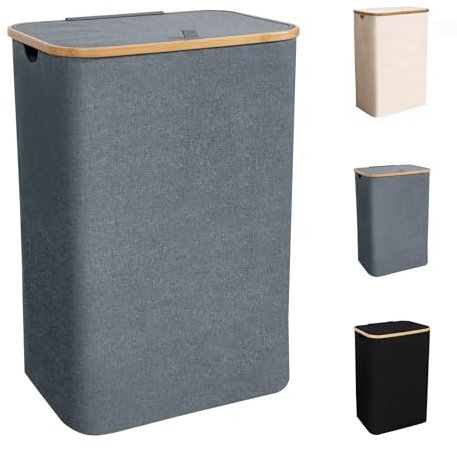 CALIYO WäSchekorb Mit Deckel 100 Liter, Wäschesammler Schmal mit Henkel und Abnehmbarem Beutel, Wäschekorb Faltbarer Groß, Laundry Baskets, Wäschebox für Schlafzimmer und Badezimmer(Grau)