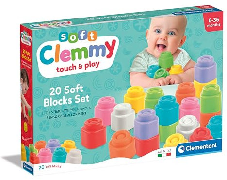 Clementoni Baby Blocks - Clemmy 20 Soft Building Blocks Set - Soft Building Blocks, Clemmy Blocks for Kids 6 Months, Bricks Washable, Construction Set, Development & Activity Toy, Made In Italy, 17989