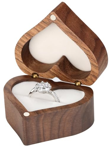 LETURE Wooden Heart Shape Ring Gift Box with Single Slot 2 Slot, Personalized Vintage Wood Jewelry Box for Proposal Engagement Wedding Ceremony Anniversary (White-1 Slot)