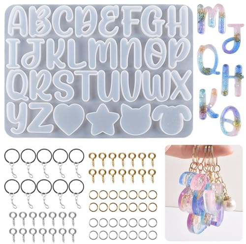 Bekecidi 111 Stück Silikon Alphabet Harz Formen, Schlüsselanhänger Set, Buchstaben Silikonformen für Harzguss, Epoxidharz Formen Schmuckherstellung Buchstaben Schmuck Anhänger Gießform DIY Basteln