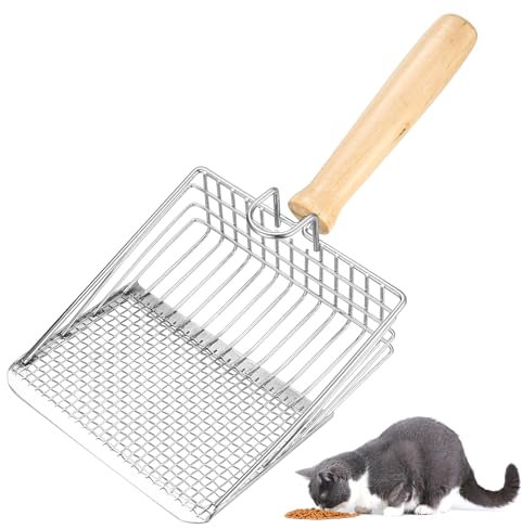 SZSIQI Katzenstreu Schaufel, Katzenstreuschaufel für Katzenklo Schaufel Metall mit Holzgriff, Katzenschaufel für Katzenstreu Klumpstreu, Cat Litter Scoop, Lochabstand 7mm, Länge 27cm
