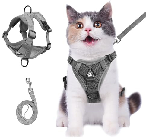 Wanheart cat Chest Harness and Leash, Anti-Escape Adjustable Soft mesh cat Leash and Chest Harness Set for All Types of Cats cat Vests (Grey, 6.6-9.9lb)