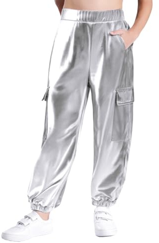 Miutii Kids Shiny Metallic Dance Pants Jazz Hip Hop Dance Outfit Joggers Cargo Trousers Holographic Sweatpants Silver 11-12 Years