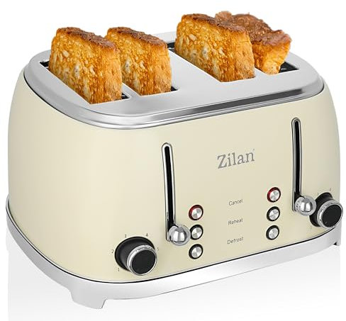 Retro Toaster 4 Scheiben Nostalgie Toastautomat XXL Doppelschlitztoaster 6 Bräunungsstufen Schlitze separat steuerbar 2x Krümelschublade 1500W Edelstahlgehäuse Auftau- Aufwärm- & Stoppfunktion