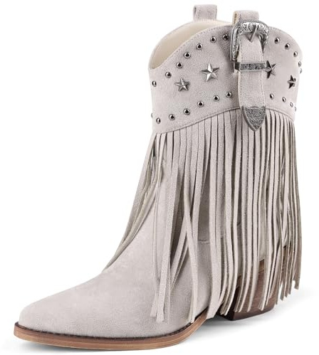 RONILURN Women Cowgirl Cowboy Boots, Western Ankle Fringe Boots Pointed Toe with Star Studs & Buckle, Retro Suede Short Pull Off Boots with Chunky Heel for Music Festivals & Concerts