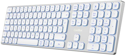 CoolBox Moonlight - Teclado Inalámbrico Recargable para Mac, Windows, Android, Linux. Teclado Silencioso, hasta 4 Dispositivos, Cuerpo de Aluminio, Retroiluminado (7 Colores), Membrana. Blanco