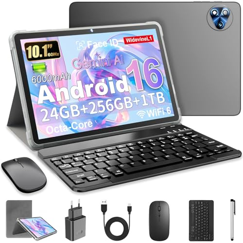 Android 16 Tablet 10 Pulgadas en Gemini AI, Tableta en Teclado, Ratón & Lápiz, Octa-Core, 24 GB RAM + 256 GB ROM + 1 TB TF, 1920x1200 Pantalla HD, Cámara Doble 8MP + 13MP, 6000 mAh (Funda Gris)