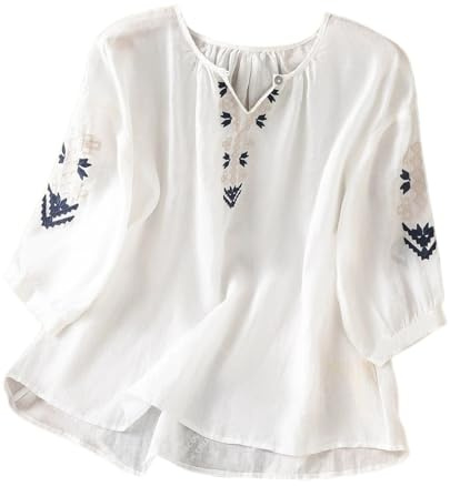 Generico Maglietta Lino Donna Manica 5/7 con Ricami Pesanti Scollo Rotondo Stile Etnico Estiva Traspirante Top Blusa Camicie Donna(White, M)