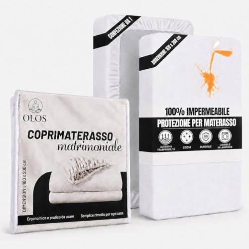 Coprimaterasso Matrimoniale Impermeabile 160 x 200 cm con Angoli elasticizzati | Proteggi Materasso in morbido cotone Traspirabile ed Impermeabile | Confezione Singola con Istruzioni