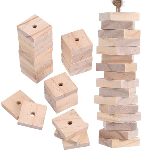 Zerodeko 100pcs Wooden Chewing Blocks DIY Bird Toy for Parrots | Unfinished Pine Squares with Hanging Holes, Refill Parts for Cages, Foot Play and Training Sessions