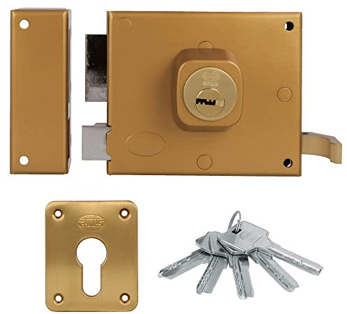 Amig - Cerradura de Sobreponer de Izquierda con Palanca de Cierre, Lengüeta y Tirador para Puertas de Madera Mod. 73, 100 x 85 mm, Pestillo Con Cilindro Europerfil, Acero Dorado